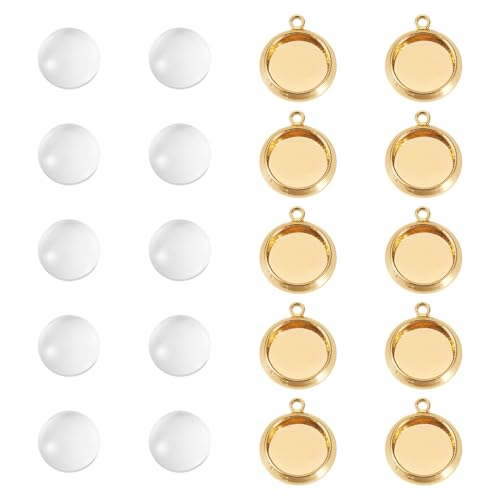 Magibeads 12 x 10 mm Messing-Lünetten, blanko, inklusive 12 Stück klare, runde Glas-Cabochons, flache Rückseite, goldfarben, langlebig, beschichtete Lünetten für Schmuckherstellung, Halsketten von Magibeads