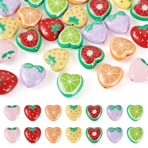 Magibeads 28 Stück Acryl-Perlen in Herzform, Erdbeere, Zitrone, Pfirsich, Orange, Wassermelone, niedliche Lebensmittelperlen für Ohrringe, Schlüsselanhänger, Basteln, DIY, Valentinstag, Sommer von Magibeads