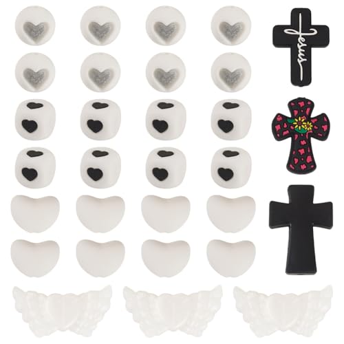 Magibeads 36-teiliges Kreuz-Silikonperlen-Set, Fokusperlen für Stifte, Silikonperlen, Leopardenkreuz, Flügel, Herzperlen, DIY, Halskette, Armband, Schmuck, Schlüsselanhänger, Bastelzubehör, Weiß Magibeads 36-teiliges Kreuz-Silikonperlen-Set, Fokusperlen für Stifte, Silikonperlen, Leopardenkreuz, Flügel, Herzperlen, DIY, Halskette, Armband, Schmuck, Schlüsselanhänger, Bastelzubehör, Weiß von Magibeads