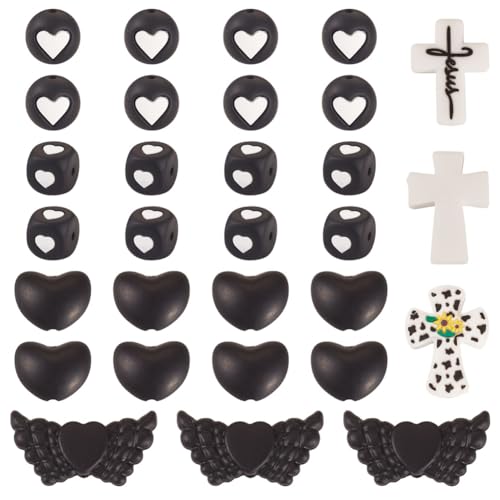 Magibeads 36-teiliges Kreuz-Silikonperlen-Set, Fokusperlen für Stifte, Silikonperlen, Leopardenkreuz, Flügel, Herzperlen, DIY, Halskette, Armband, Schmuck, Schlüsselanhänger, Bastelzubehör, Schwarz Magibeads 36-teiliges Kreuz-Silikonperlen-Set, Fokusperlen für Stifte, Silikonperlen, Leopardenkreuz, Flügel, Herzperlen, DIY, Halskette, Armband, Schmuck, Schlüsselanhänger, Bastelzubehör, Schwarz von Magibeads