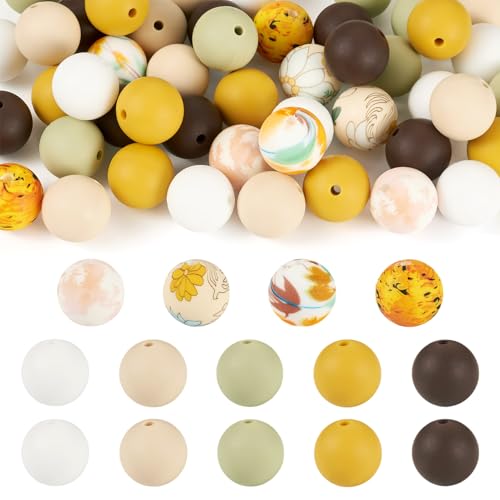 Magibeads 48 Stück Silikon-Fokal-Perlen, rund, 15 mm, runde Stiftperlen, Abstandshalter für Bastelarbeiten, DIY, Stift, Schlüsselanhänger, Schlüsselband, Schmuckherstellung, Gelb, Braun, warme Farben von Magibeads