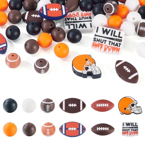 Magibeads 60 Stück Rugby-Sport-Silikon-Fokal-Perlen für Stifte, 15 mm, rund, klobig, Kandi-Perlen, Abstandshalter für Bastelarbeiten, DIY, Perlenstifte, Schlüsselanhänger, Armbänder, Herbst, Halloween von Magibeads