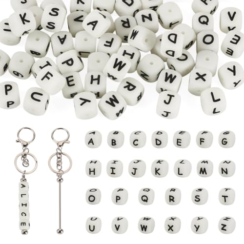 Magibeads DIY Perlen Schlüsselanhänger-Bastelset, weiß, 52 Stück, Silikon, quadratische Buchstabenperlen, 12 mm, Alphabet-Perlen, Buchstaben, Gummi-Silikonperlen für Schlüsselanhänger, Taschen, Charms von Magibeads