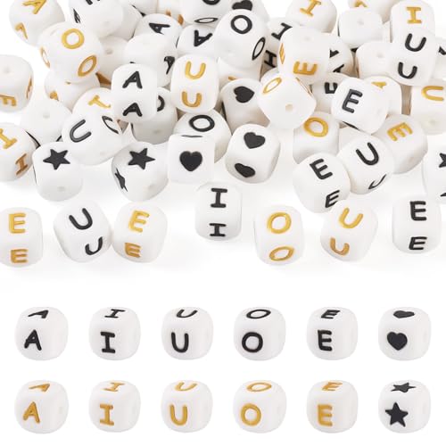 Magibeads Silikon-Buchstabenperlen A E I O U 12 mm Würfel Alphabet Perlen Schwarz/Gold Vokal Gummi Spacer Perlen Quadratisch Herz Stern Muster Perlen für Armband Halsketten Schlüsselbänder von Magibeads