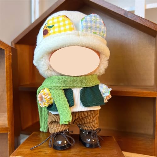 Niedliche Kleidung für 17 cm große Plüschpuppen, grünes Puppen-Outfit mit Hut-Zubehör – buntes T-Shirt + braune Hose + braune Lederschuhe + Hut + grüner Schal (keine Puppe) von Magicaldiy