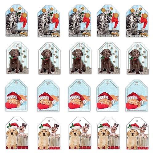 Weihnachtsetiketten, 20 Stück, in 4 verschiedenen Designs, verpackt in Einzelblisterpackungen, Karton 230 g/m, hergestellt in Italien, Motiv: Hunde und Katzen von Magicamente Carta