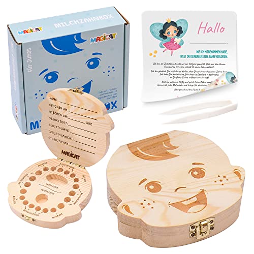 Magicat Premium Milchzahndose Jungen, Zahndose aus Holz, Dose zur Aufbewahrung von Milchzähnen, Baby Milchzähne Box als Geschenk zum Geburtstag oder Taufe, inkl. Pinzette und Zahnfee Geschichte Magicat Premium Milchzahndose Jungen, Zahndose aus Holz, Dose zur Aufbewahrung von Milchzähnen, Baby Milchzähne Box als Geschenk zum Geburtstag oder Taufe, inkl. Pinzette und Zahnfee Geschichte von Magicat