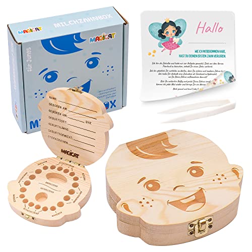 Magicat Premium Milchzahndose Jungen, Zahndose aus Holz, Dose zur Aufbewahrung von Milchzähnen, Baby Milchzähne Box als Geschenk zum Geburtstag oder Taufe, inkl. Pinzette und Zahnfee Geschichte von Magicat