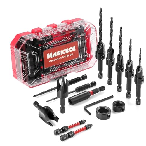 Magicbox M2 Cobalt HSS Kegelsenker-Bohrer-Set, 15-teilig, konische Bits + magnetischer Verlängerungsschaft, Holzdübelschneider, Tiefenanschlagkragen, PH1/PH2 Schraubendreher-Bits und von Magicbox