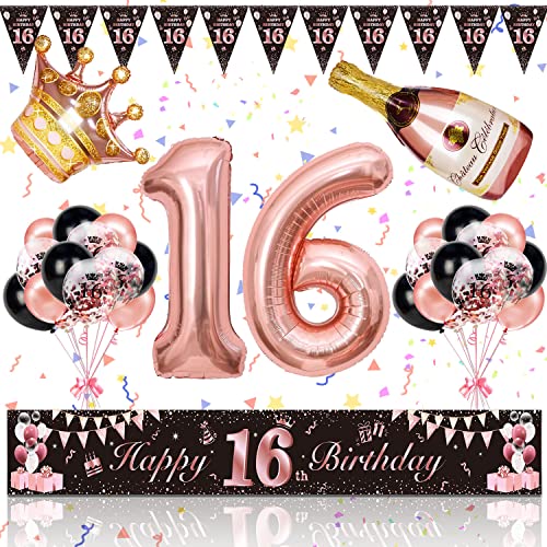 16. Geburtstag Mädchen Deko, Magiccute Geburtstagsdeko Mädchen Frauen Lange Happy Birthday Banner Girlande Wimpel und Schwarz Rosegold Konfetti Luftballons Deko Set von Magiccute