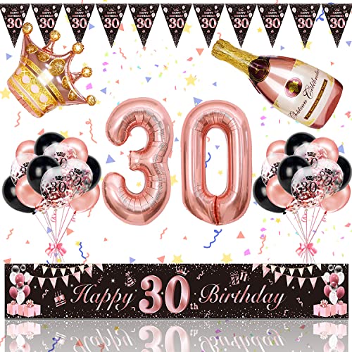 30. Geburtstag Frauen Deko, Magiccute Geburtstagsdeko Mädchen Frauen Lange Happy Birthday Banner Girlande Wimpel und Schwarz Rosegold Konfetti Luftballons Deko Set von Magiccute