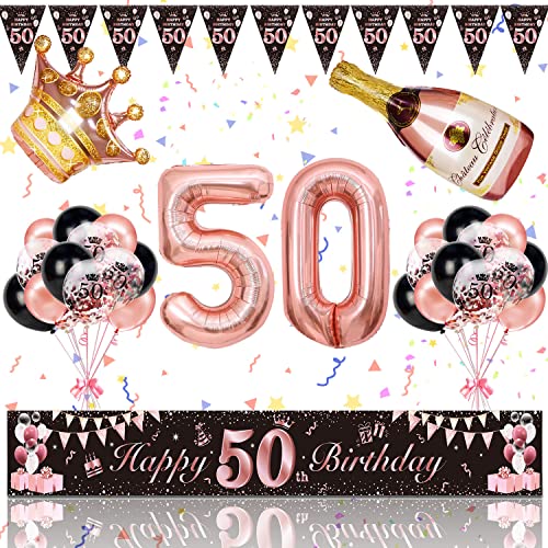 50. Geburtstag Frau Deko, Magiccute Geburtstagsdeko Frauen Lange Happy Birthday Banner Girlande Wimpel und Schwarz Rosegold Konfetti Luftballons Deko Set 50. Geburtstag Frau Deko, Magiccute Geburtstagsdeko Frauen Lange Happy Birthday Banner Girlande Wimpel und Schwarz Rosegold Konfetti Luftballons Deko Set von Magiccute