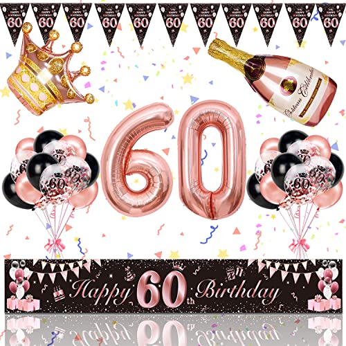 60. Geburtstag Deko Frau, Magiccute Geburtstagsdeko 60 Frauen Lange Happy Birthday Banner Girlande Wimpel und Schwarz Rosegold Konfetti Luftballons Deko Set von Magiccute