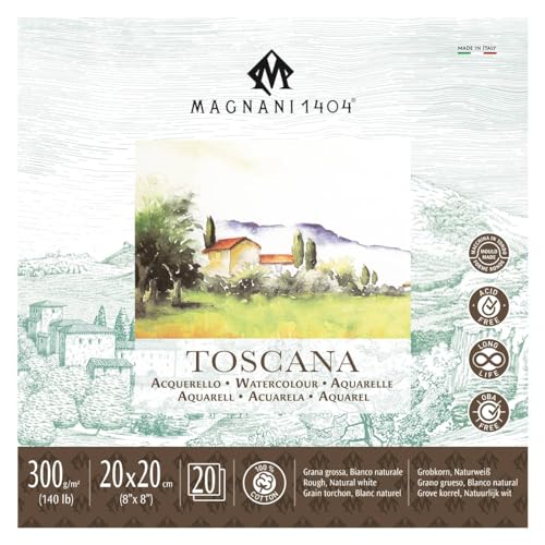 Magnani 1404 Toscana Aquarellpapier, grob, 100 % Baumwolle, 20 Blatt, 20,3 x 20,3 cm, 63,5 kg, säurefrei, UV-beständig, karierte Kanten, veganes Aquarellpapier für Künstler, hergestellt in Italien Magnani 1404 Toscana Aquarellpapier, grob, 100 % Baumwolle, 20 Blatt, 20,3 x 20,3 cm, 63,5 kg, säurefrei, UV-beständig, karierte Kanten, veganes Aquarellpapier für Künstler, hergestellt in Italien von Magnani 1404