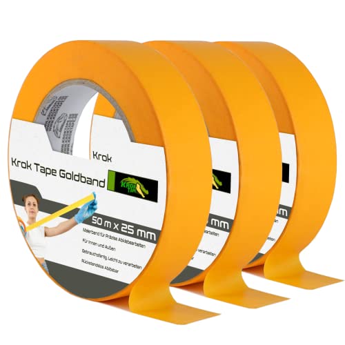 KrokTape Malerkrepp 50m Malerband Gold Kreppband 25mm - Goldband Maler Klebeband Für Scharfe Kanten - Abdeckband für Malerarbeiten und Auto Lackierung [3 Rollen] von Magnet-Kauf