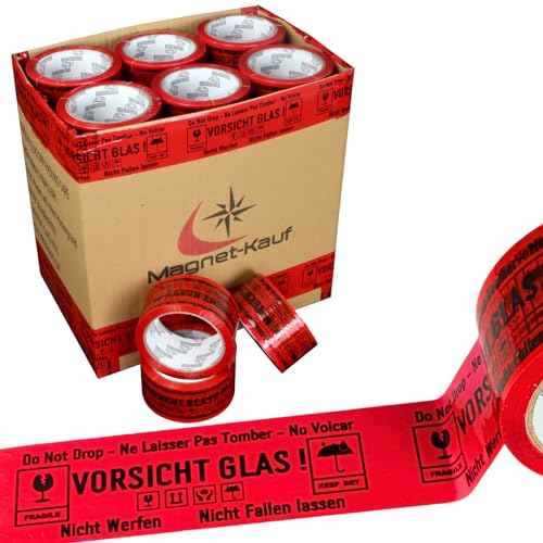 Magnet-Kauf 36 Rollen Paketklebeband Packetbandrollen Klebeband Vorsicht Glas 48mm x 66m Packband Paketband Kartonband Stark Kleberolle Verpackungsband Rot Achtung Zerbrechlich Fragile von Magnet-Kauf