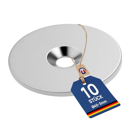 10 Metallscheiben Rund mit Loch - Ø40 x 3mm - Stahl (DC01) Verzinkt - Metallplättchen mit Bohrung und Senkung - Gegenstück für Magnete (Ferromagnetisch) von Magnosphere