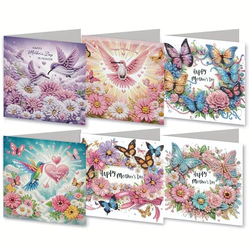 MaiYiYi 6 Stück DIY Happy Mother's Day Diamond Art Cards Bird Diamond Painting Grußkarten Schmetterling Diamant Kunst Karten mit Umschlägen für Mutter Oma Freunde Familie von MaiYiYi