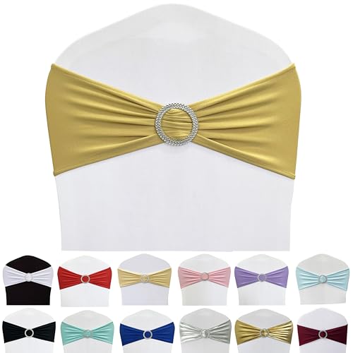 Maiangel Spandex Stuhlschärpen, 100 Stück, Stretch-Stuhlbänder, Schleifen mit Schnalle, Schieber für Hochzeit, Party, Bankett, Dekoration (goldfarben) von Maiangel