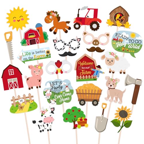 Maicaiffe Fotoautomaten-Requisiten mit Bauernhoftieren – 26 Stück Kindergeburtstags-Requisiten für Selfie-Requisiten – Barnyard Babyparty Party Mittelstück Sticks – Hochzeit Brautparty Party von Maicaiffe
