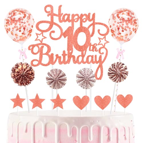 10th Geburtstag Kuchen Dekoration Kuchen Toppers Birthday Torten Dekoration Sternen Herz Papierfächer Ballon Torte Toppers Kuchendeko für 10. Geburtstag Dekorationen Party Zubehör von Maigendoo