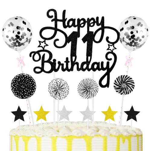 11th Geburtstag Kuchen Dekoration Kuchen Toppers Schwarz Birthday Torten Dekoration Sternen Papierfächer Ballon Torte Toppers Kuchendeko für 11. Geburtstag Dekorationen Party Zubehör von Maigendoo