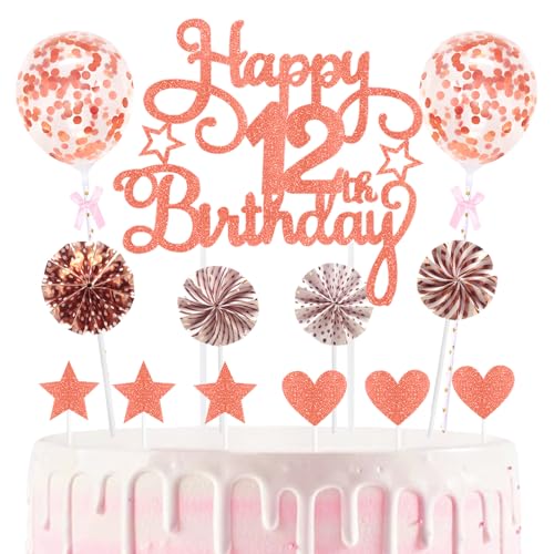 12th Geburtstag Kuchen Dekoration Kuchen Toppers Birthday Torten Dekoration Sternen Herz Papierfächer Ballon Torte Toppers Kuchendeko für 12. Geburtstag Dekorationen Party Zubehör von Maigendoo