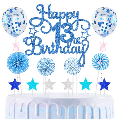 13th Geburtstag Kuchen Dekoration Kuchen Toppers Birthday Torten Dekoration Sternen Papierfächer Ballon Torte Toppers Kuchendeko für 13. Geburtstag Dekorationen Party Zubehör, Blau 13th Geburtstag Kuchen Dekoration Kuchen Toppers Birthday Torten Dekoration Sternen Papierfächer Ballon Torte Toppers Kuchendeko für 13. Geburtstag Dekorationen Party Zubehör, Blau von Maigendoo