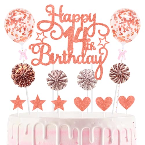 14th Geburtstag Kuchen Dekoration Kuchen Toppers Birthday Torten Dekoration Sternen Herz Papierfächer Ballon Torte Toppers Kuchendeko für 14. Geburtstag Dekorationen Party Zubehör von Maigendoo