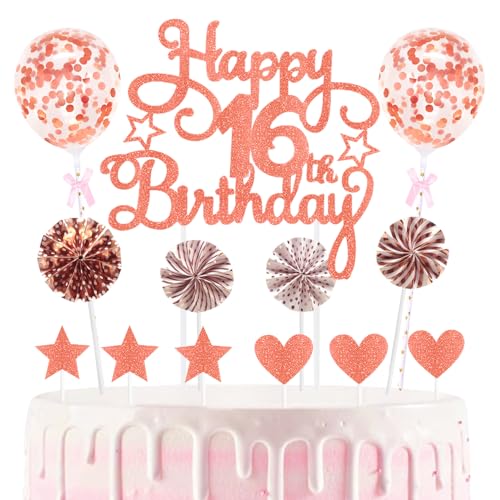 16th Geburtstag Kuchen Dekoration Kuchen Toppers Birthday Torten Dekoration Sternen Herz Papierfächer Ballon Torte Toppers Kuchendeko für 16. Geburtstag Dekorationen Party Zubehör von Maigendoo