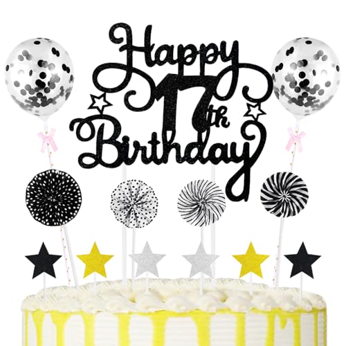 17th Geburtstag Kuchen Dekoration Kuchen Toppers Schwarz Birthday Torten Dekoration Sternen Papierfächer Ballon Torte Toppers Kuchendeko für 17. Geburtstag Dekorationen Party Zubehör von Maigendoo