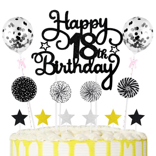 18th Geburtstag Kuchen Dekoration Kuchen Toppers Schwarz Birthday Torten Dekoration Sternen Papierfächer Ballon Torte Toppers Kuchendeko für 18. Geburtstag Dekorationen Party Zubehör von Maigendoo