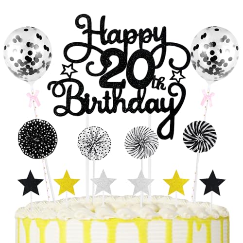 20th Geburtstag Kuchen Dekoration Kuchen Toppers Schwarz Birthday Torten Dekoration Sternen Papierfächer Ballon Torte Toppers Kuchendeko für 20. Geburtstag Dekorationen Party Zubehör von Maigendoo