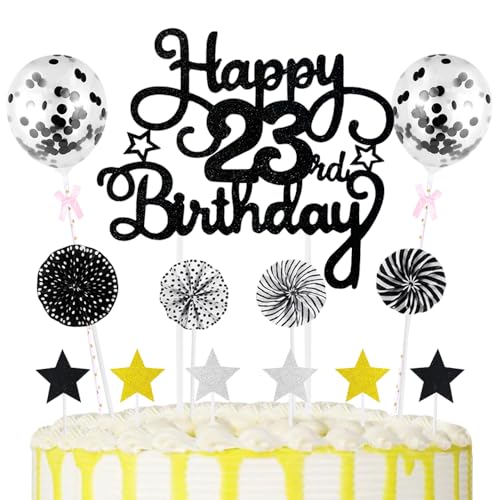 23rd Geburtstag Kuchen Dekoration Kuchen Toppers Schwarz Birthday Torten Dekoration Sternen Papierfächer Ballon Torte Toppers Kuchendeko für 23. Geburtstag Dekorationen Party Zubehör von Maigendoo