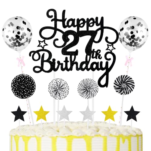 27th Geburtstag Kuchen Dekoration Kuchen Toppers Schwarz Birthday Torten Dekoration Sternen Papierfächer Ballon Torte Toppers Kuchendeko für 27. Geburtstag Dekorationen Party Zubehör von Maigendoo