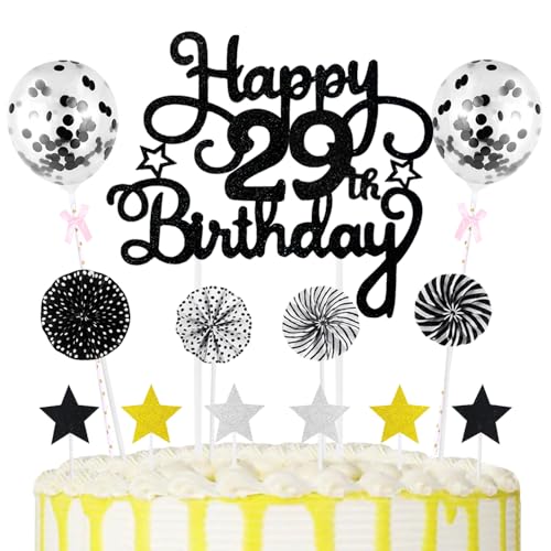 29th Geburtstag Kuchen Dekoration Kuchen Toppers Schwarz Birthday Torten Dekoration Sternen Papierfächer Ballon Torte Toppers Kuchendeko für 29. Geburtstag Dekorationen Party Zubehör von Maigendoo