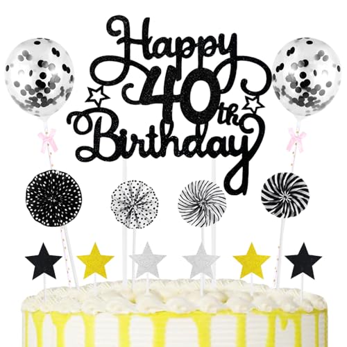 40th Geburtstag Kuchen Dekoration Kuchen Toppers Schwarz Birthday Torten Dekoration Sternen Papierfächer Ballon Torte Toppers Kuchendeko für 40. Geburtstag Dekorationen Party Zubehör von Maigendoo