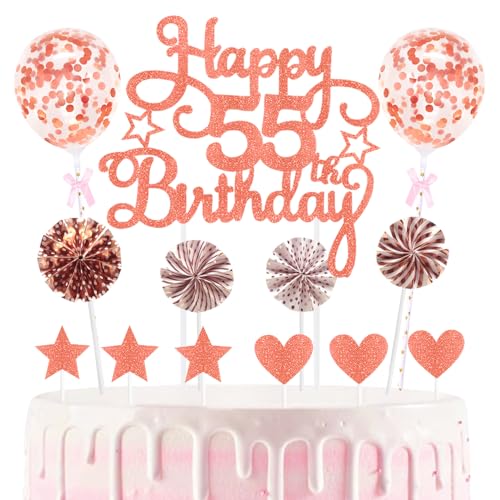 55th Geburtstag Kuchen Dekoration Kuchen Toppers Birthday Torten Dekoration Sternen Herz Papierfächer Ballon Torte Toppers Kuchendeko für 55. Geburtstag Dekorationen Party Zubehör von Maigendoo
