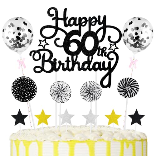 60th Geburtstag Kuchen Dekoration Kuchen Toppers Schwarz Birthday Torten Dekoration Sternen Papierfächer Ballon Torte Toppers Kuchendeko für 60. Geburtstag Dekorationen Party Zubehör von Maigendoo