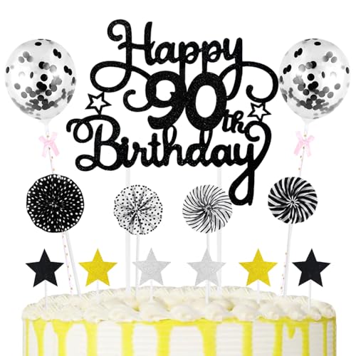 90th Geburtstag Kuchen Dekoration Kuchen Toppers Schwarz Zahl Kerzen Birthday Torten Dekoration Sternen Papierfächer Ballon Torte Toppers Kuchendeko für 90. Geburtstag Dekorationen Party Zubehör von Maigendoo