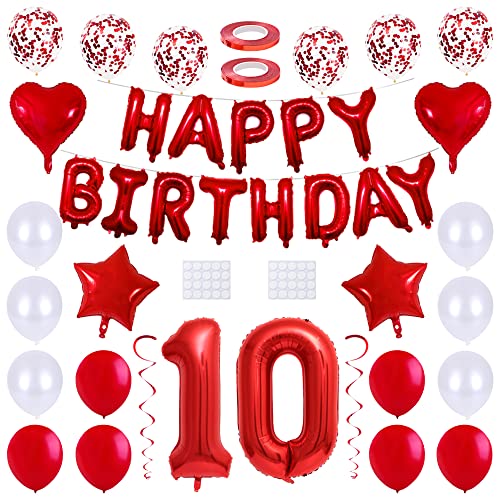 Maigendoo 10. Geburtstag Deko Set Happy Birthday Banner Girlande Nummer 10 Luftballon Helium Folienballons Stern Herz Ballon Party Zubehör für Jungen Mädchen 10. Geburtstag Dekoration, Rot von Maigendoo