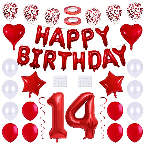 Maigendoo 14. Geburtstag Deko Set Happy Birthday Banner Girlande Nummer 14 Luftballon Helium Folienballons Stern Herz Ballon Party Zubehör für Jungen Mädchen 14. Geburtstag Dekoration, Rot von Maigendoo