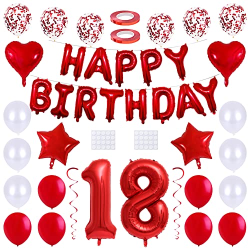 Maigendoo 18. Geburtstag Deko Set Happy Birthday Banner Girlande Nummer 18 Luftballon Helium Folienballons Stern Herz Ballon Party Zubehör für Jungen Mädchen 18. Geburtstag Dekoration, Rot von Maigendoo