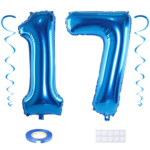 Maigendoo Blau 17 Luftballon Zahlen Riesen Zahl Folienballon mit Wirbel Dekorationen Große 17. Nummer Folienmylar Ballons 40 Zoll Ballons zum 17th Geburtstagsdeko Jubiläum Dekoration, XXL von Maigendoo