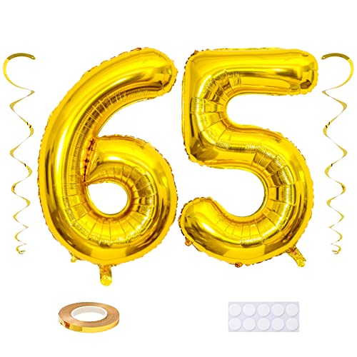 Maigendoo Gold 65 Luftballon Zahlen Riesen Zahl Folienballon mit Wirbel Dekorationen Große 65. Nummer Folienmylar Ballons 40 Zoll Ballons zum 65th Geburtstagsdeko Jubiläum Dekoration, XXL von Maigendoo