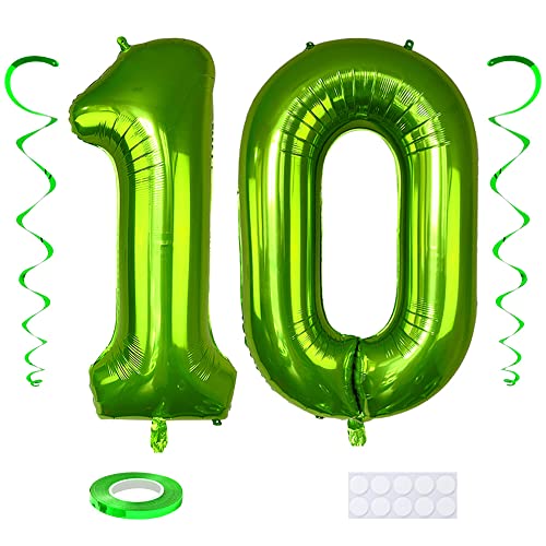 Maigendoo Grün 10 Luftballon Zahlen Riesen Zahl Folienballon mit Wirbel Dekorationen Große 10. Nummer Folienmylar Ballons 40 Zoll Ballons zum 10th Geburtstagsdeko Jubiläum Dekoration, XXL von Maigendoo