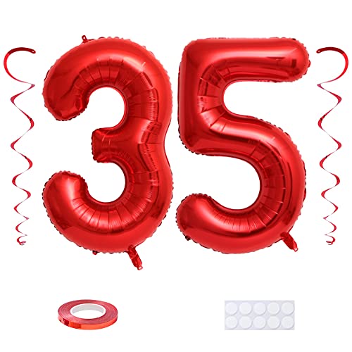 Maigendoo Rot 35 Luftballon Zahlen Riesen Zahl Folienballon mit Wirbel Dekorationen Große 35. Nummer Folienmylar Ballons 40 Zoll Ballons zum 35th Geburtstagsdeko Jubiläum Dekoration, XXL von Maigendoo