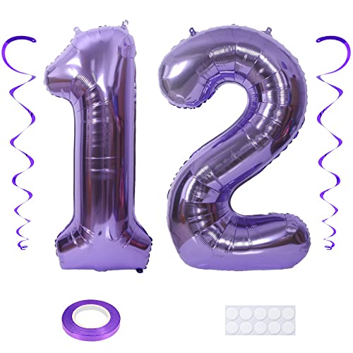 Maigendoo Violett 12 Luftballon Zahlen Riesen Zahl Folienballon mit Wirbel Dekorationen Große 12. Nummer Folienmylar Ballons 40 Zoll Ballons zum 12th Geburtstagsdeko Jubiläum Dekoration, XXL von Maigendoo