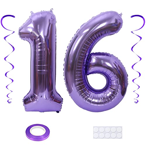 Maigendoo Violett 16 Luftballon Zahlen Riesen Zahl Folienballon mit Wirbel Dekorationen Große 16. Nummer Folienmylar Ballons 40 Zoll Ballons zum 16th Geburtstagsdeko Jubiläum Dekoration, XXL von Maigendoo