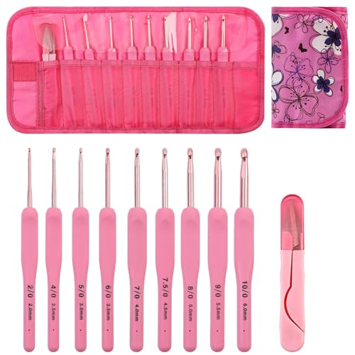 Maigridy Ergonomische Häkelnadeln mit Aufbewahrungsbox und Schere, 2,0 mm - 6,0 mm, Aluminiumnadel für Anfänger, Stricken, professionelle Aluminiumnadeln, 9 Stück von Maigridy